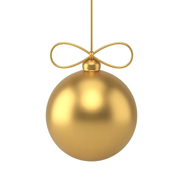 Adorno de esfera de decoración de árbol de navidad de oro colgado de una cuerda con ilustración de vector realista 3d de arco. diseño decorativo de invierno tradicional de bola de navidad de lujo para celebración festiva interior de abeto aislado