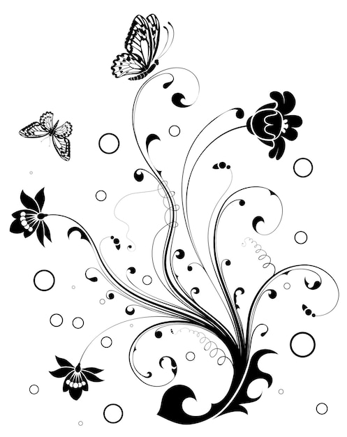 Adorno floral con elemento de mariposa para la ilustración de vector de diseño