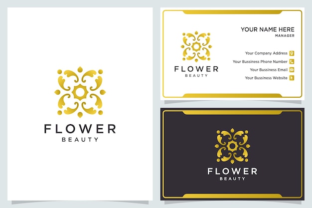 Adorno de logotipo de flor minimalista con línea y tarjeta de visita