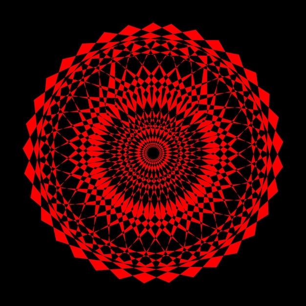 Adorno de mandala abstracto rojo sobre un fondo negro arte vectorial.