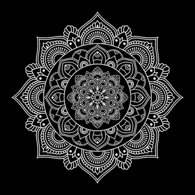 Adorno de mandala floral de color blanco sobre fondo negro