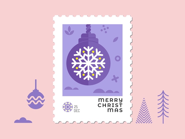 Adorno navideño y bola en tono violeta: diseño plano de sello navideño para tarjetas de felicitación y multiusos