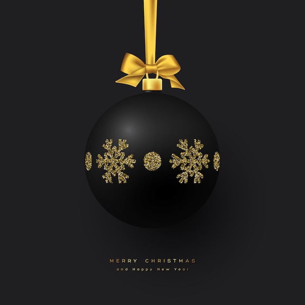 Adorno navideño negro realista con lazo dorado. Elemento decorativo para el fondo de vacaciones de Navidad. Ilustración vectorial.