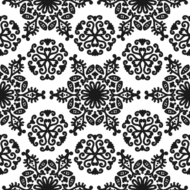 Adorno oriental sin costuras con remolinos y pergaminos Patrón floral vectorial vintage Blanco y negro