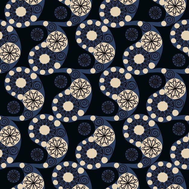 Adorno de Paisley con estampado de bandana Fondo oscuro Patrón geométrico entrelazado sin costuras Dibujado a mano