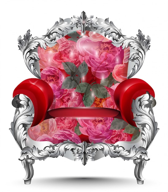 Adorno de plata de la butaca barroca. Muebles de época rica decoración tallada. Tapicería de rosas rojas