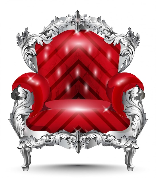 Adorno de plata de la butaca barroca. muebles de época rica decoración tallada. vect de tapicería roja