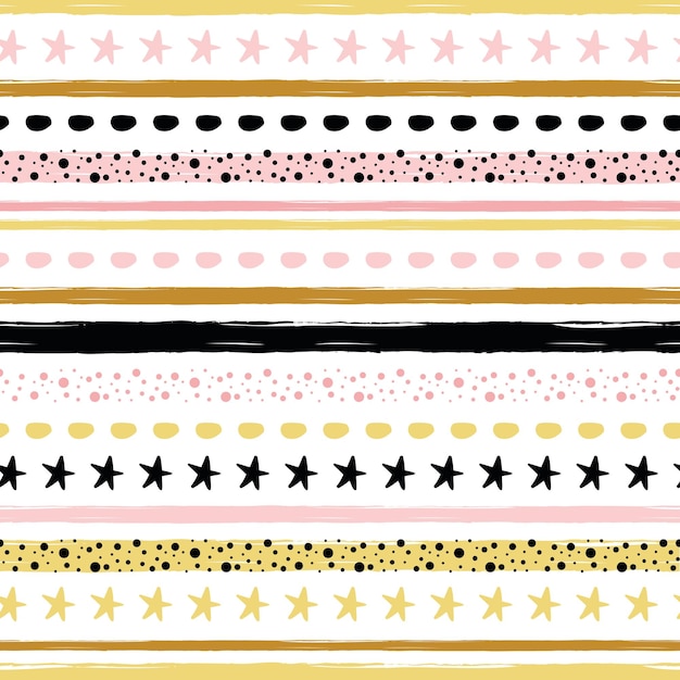 Vector adorno de polka de patrones sin fisuras a rayas dibujado a mano hecho en líneas de bolas de estrellas negras rosa doradas ilustración de vector de fondo para papel tapiz envoltura envoltura tela tela textil diseño trazo telón de fondo