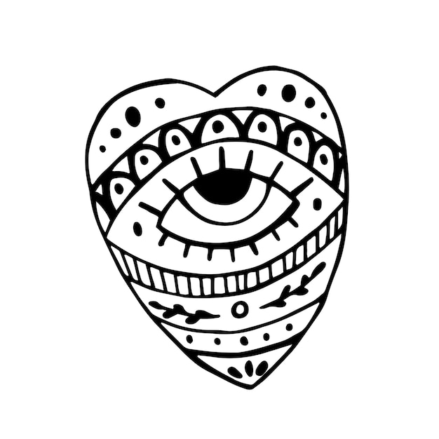 Vector adorno de tatuaje de corazón con ojo de providencia. ilustración mística celestial dibujada a mano.