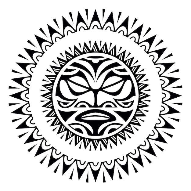 Adorno de tatuaje redondo con cara de sol estilo maorí aztecas africanos o máscara étnica maya en blanco y negro