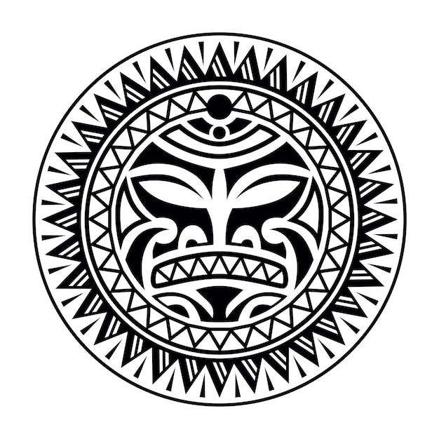 Adorno de tatuaje redondo con cara de sol estilo maorí aztecas africanos o máscara étnica maya en blanco y negro