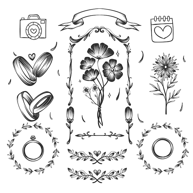 Adornos de álbum de boda dibujados a mano