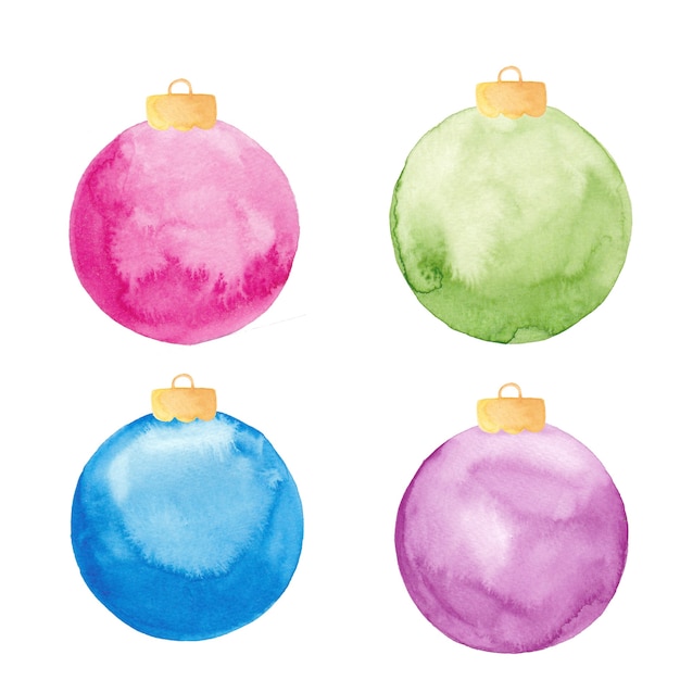 Adornos de bolas de Navidad acuarela aislados. Juego de adornos navideños pintados.