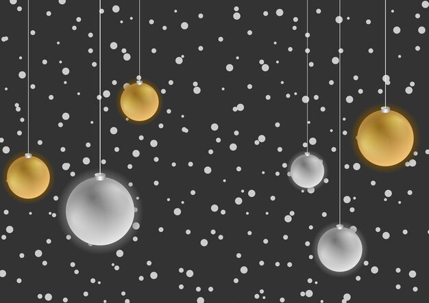Adornos de bolas de Navidad de bronce y plata sobre fondo oscuro y nevado Diseño vectorial