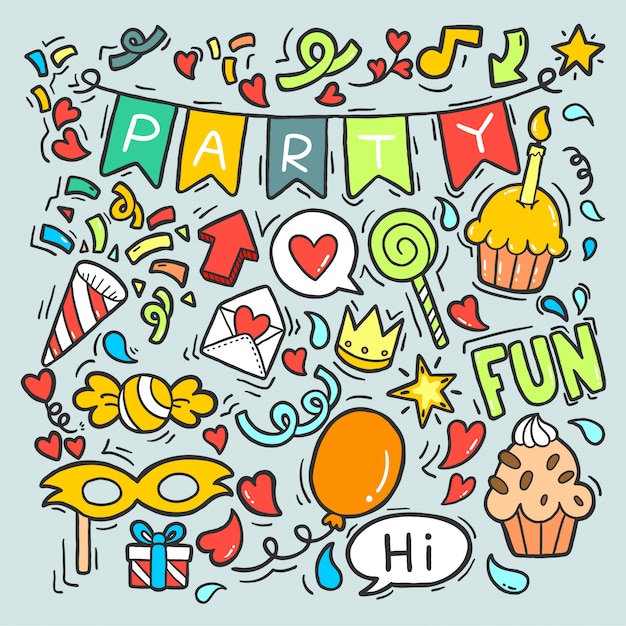 adornos de cumpleaños feliz fiesta dibujados a mano