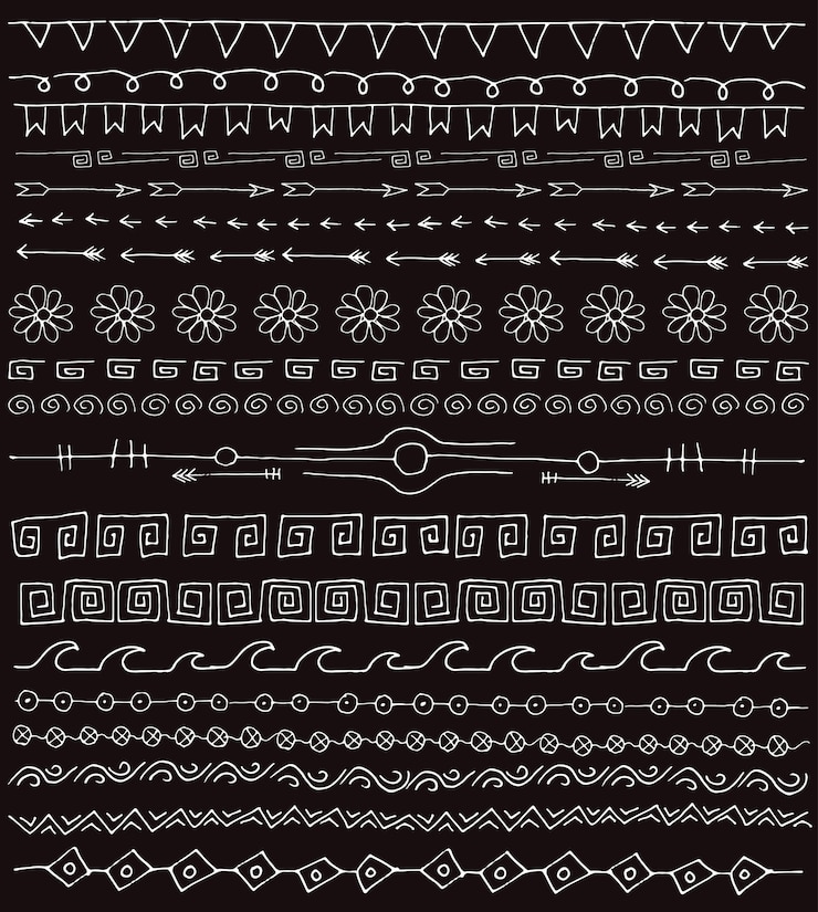 Adornos doodle. Conjunto de frontera de línea vector dibujado a mano y elementos de diseño