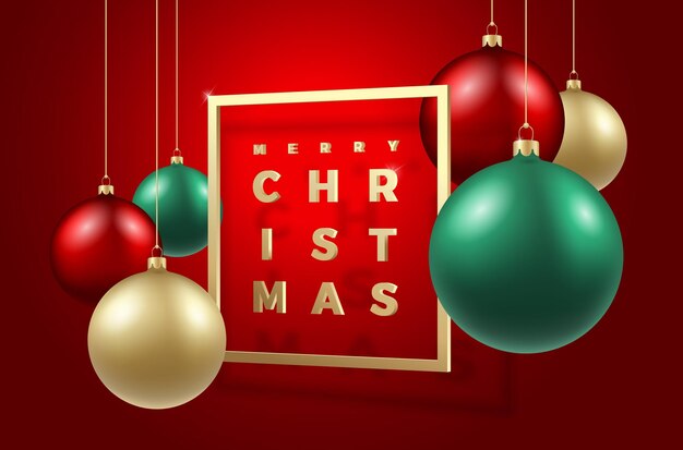 Adornos de Navidad coloridos realistas sobre fondo rojo con saludos de tipografía 3D de brillo dorado moderno en un marco Decoración de vacaciones de invierno Tarjeta adhesiva o póster Año nuevo Bandera de bola de juguete