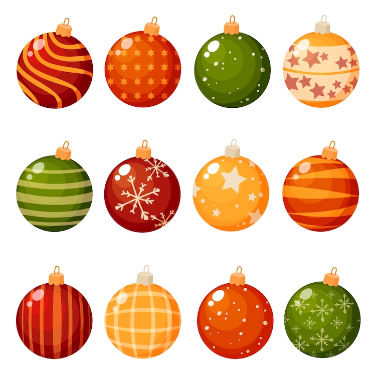 Vector adornos navideños aislados sobre fondo blanco conjunto de conjunto de ilustración. el concepto de celebraciones y vacaciones de invierno.