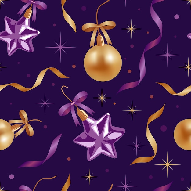 Adornos navideños, bolas, guirnaldas, lazos de raso y estrellas. ilustración vectorial. estilo realista de patrones sin fisuras. en tonos morados y dorados.