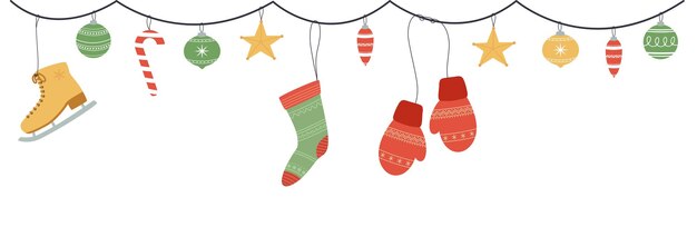 Adornos navideños para colgar. Guirnaldas navideñas con estrellas, mitones, calcetines, patines, pancartas para navidad y año nuevo, tarjetas de felicitación, cabeceras, invitaciones, redes sociales.