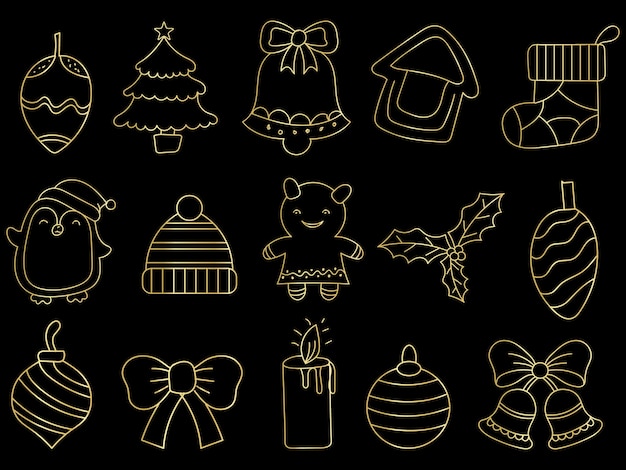 Adornos navideños dorados con bolas, copos de nieve, sombreros, estrellas, árbol de Navidad, calcetín naranja