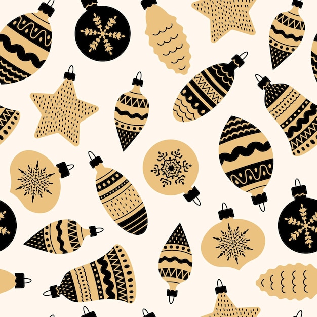 Adornos navideños dorados de patrones sin fisuras en estilo doodle