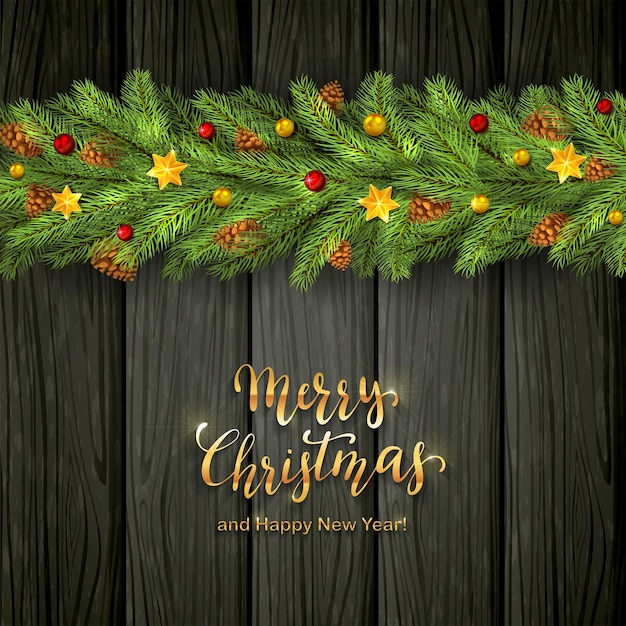 Adornos navideños con estrellas de Navidad, bolas y ramas de abeto sobre fondo de madera negra. Letras de oro feliz Navidad y próspero año nuevo, ilustración.
