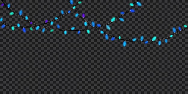 Adornos navideños, luces de hadas translúcidas azules, aisladas sobre fondo transparente. Transparencia solo en archivo vectorial