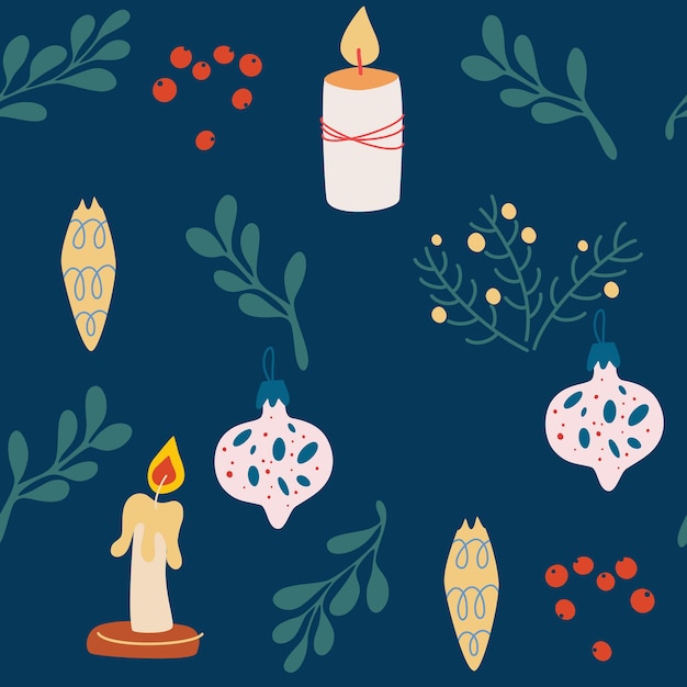 Adornos navideños de patrones sin fisuras. Velas, juguetes para árboles de Navidad y ramitas. Feliz Navidad, feliz año nuevo fondo para tarjetas de felicitación, papeles de regalo. Ilustración vectorial.