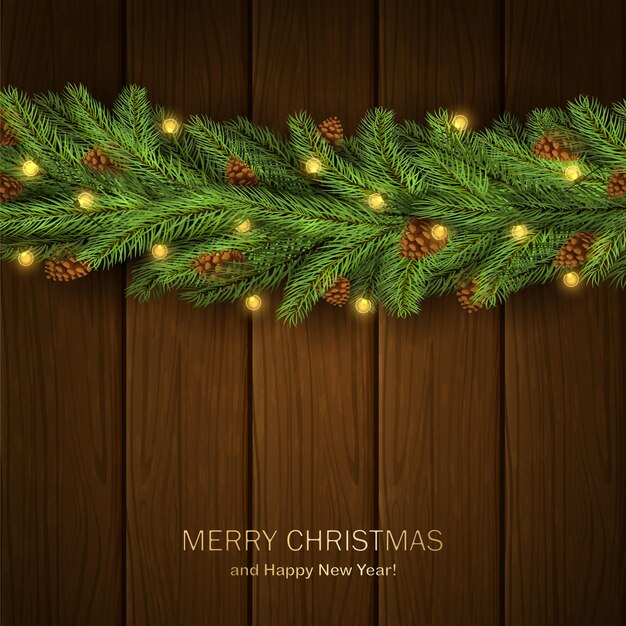 Adornos navideños con ramas de abeto, piñas y luces de Navidad sobre fondo de madera. La ilustración se puede utilizar para el diseño de vacaciones, tarjetas, invitaciones, postales, pancartas.
