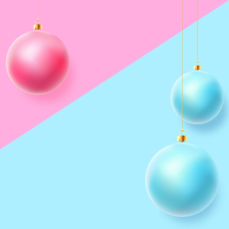 Vector adornos navideños realistas de color rosa y azul sobre fondo pastel plantilla de publicación en redes sociales decoración de vacaciones de invierno tarjeta o maqueta de póster año nuevo bola 3d banner de red social
