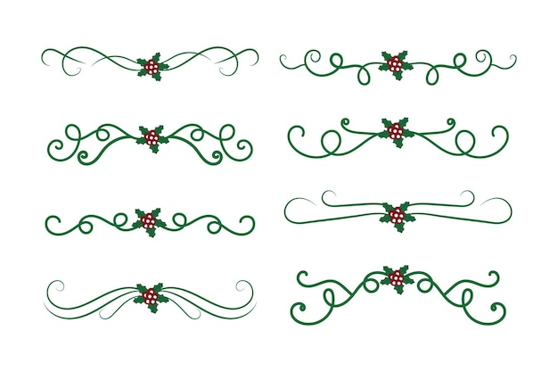 Adornos navideños Remolinos líneas divisorias Elementos decorativos Pergamino de caligrafía de acebo vintage