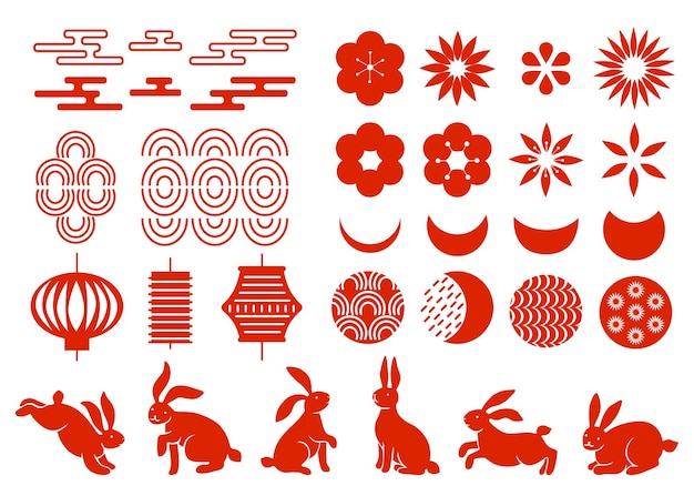 Adornos tradicionales chinos Conejos rojos de Año Nuevo Diferentes elementos decorativos tradicionales Nubes del cielo o luna Símbolos festivos asiáticos Flores de silueta o linternas Poses de liebre Conjunto de vectores con clase