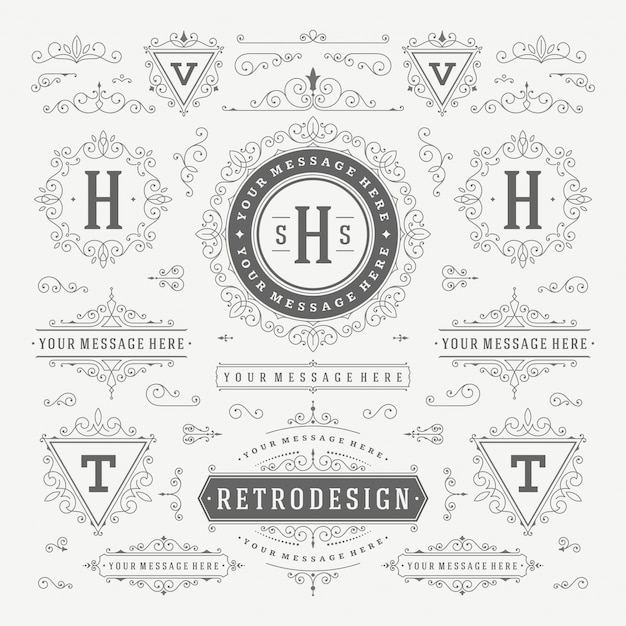 Adornos vintage remolinos y pergaminos decoraciones elementos de diseño conjunto de vectores florece ornamentada caligráfica