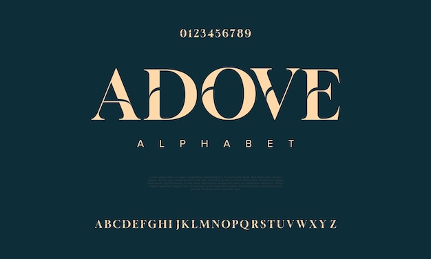 Vector adove premium lujo elegante alfabeto letras y números elegante tipografía de boda serif clásico