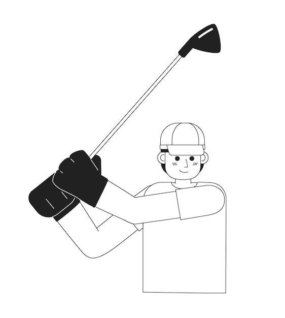 Adulto joven golfista balanceándose con palo monocromático vector plano carácter