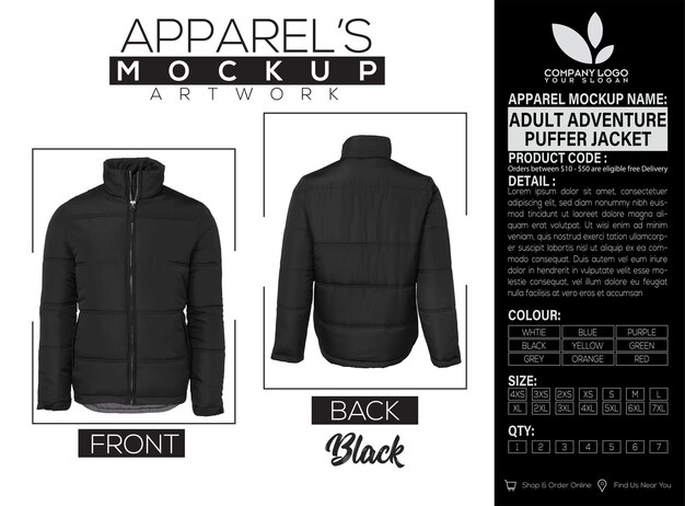 Adulto Puffer Jacket Negro Vestido Mockup Diseño de obras de arte