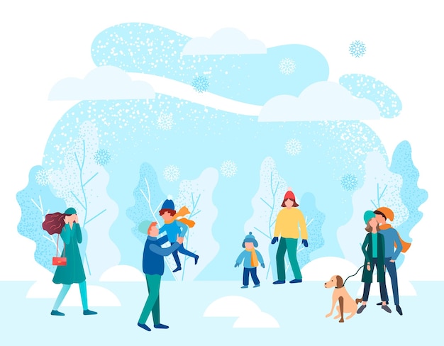 Adultos con niños están caminando en el parque de invierno Ilustración vectorial