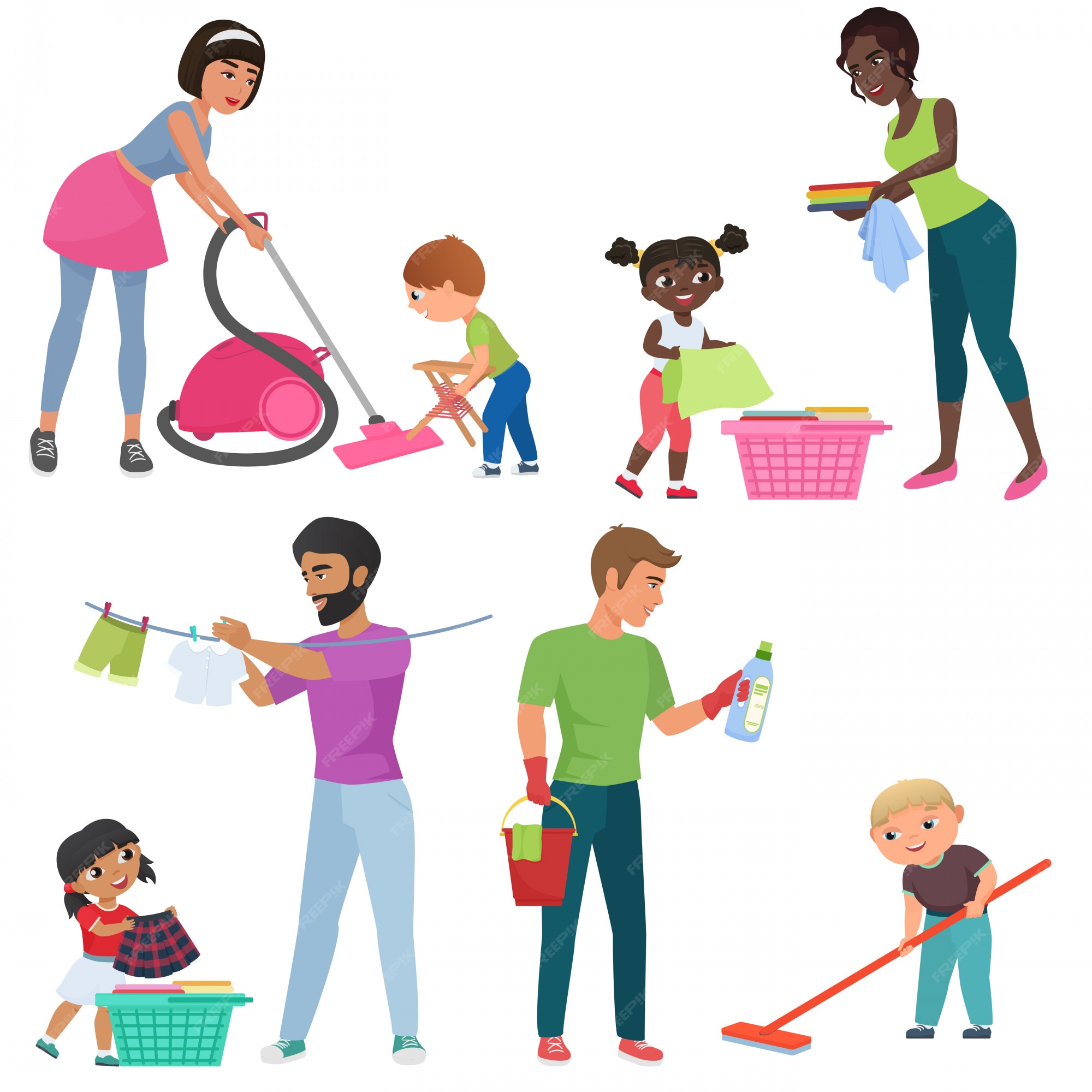 Adultos y niños limpiando juntos. niños ayudando a sus padres con las  tareas del hogar. familia en varias posiciones de limpieza ilustración de  dibujos animados. | Vector Premium