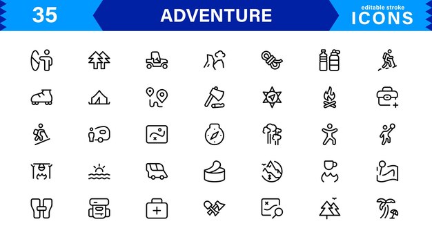 Adventure Icon Set Representing Exploration Travel Outdoors Hiking and Expedition Symbols