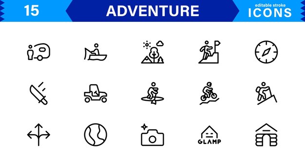 Adventure Icon Set Representing Exploration Travel Outdoors Hiking and Expedition Symbols