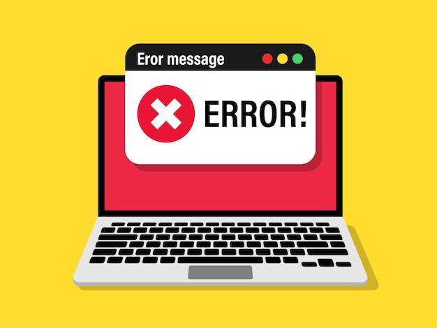 Vector advertencia de error en la pantalla del portátil mensaje de alerta mensaje de problema en la computadora ilustración vectorial