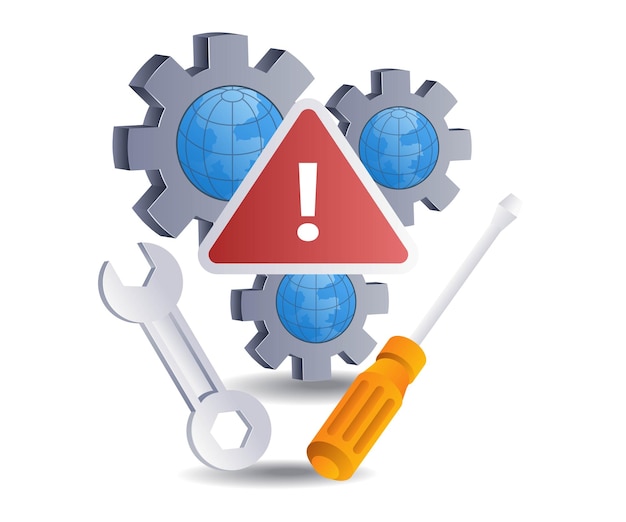 Advertencia de error de reparación Ilustración 3D isométrica plana