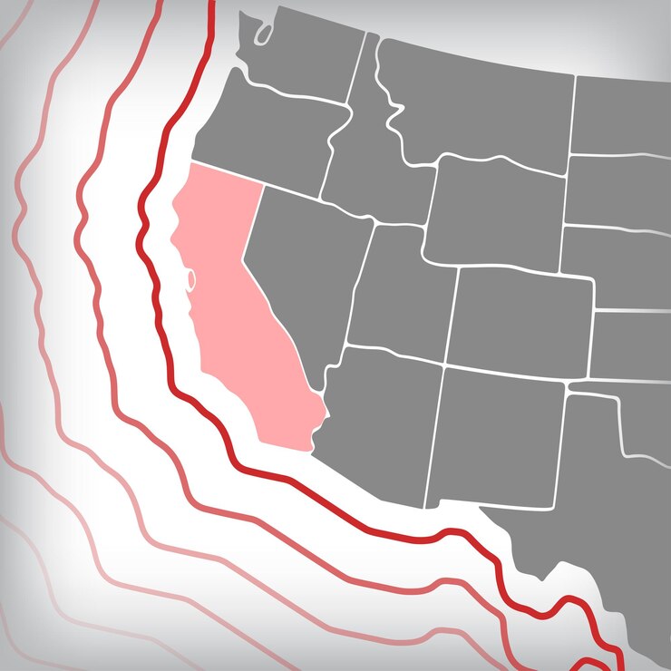 Vector advertencia de tsunami de terremoto en california ee.uu. línea de terremoto y líneas radiales en el mapa de ee.
