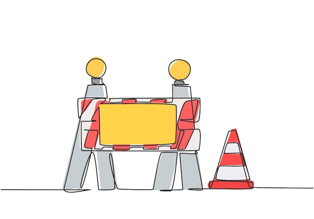 Advertencias de dibujo de una sola línea continua en tableros de construcción y conos de tráfico ubicados