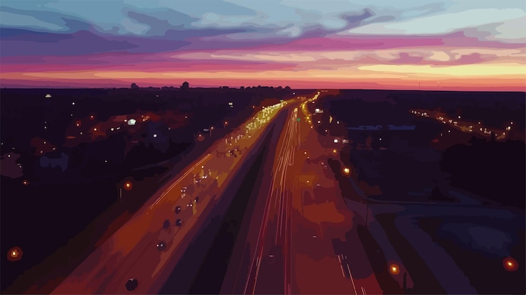 Vector aerial illuminated kings highway 8 vista nocturna del paisaje urbano luces de tráfico de carreteras automóviles horizonte urbano de la ciudad