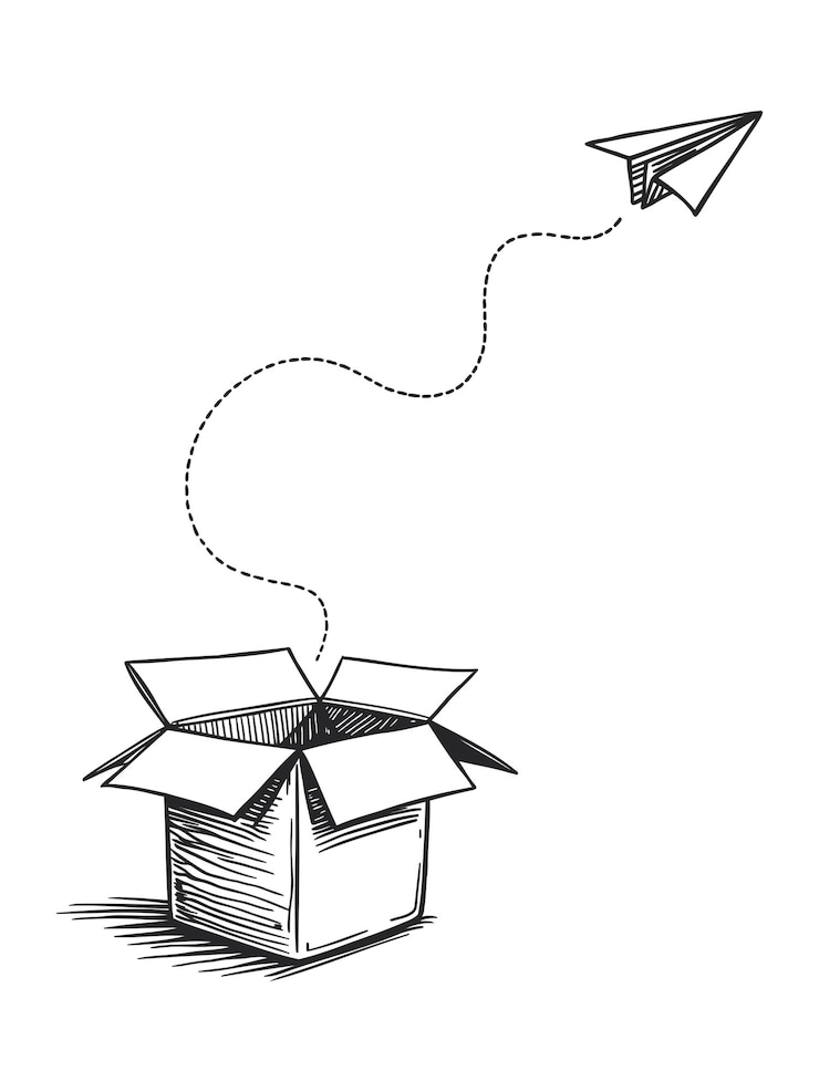 Vector aeroplano de papel volando fuera de la caja ilustración de arte de línea dibujada a mano