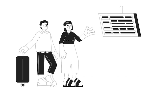 Aeropuerto salida tablero monocromo concepto vector punto ilustración Turistas control avión salida 2D plano bw personajes de dibujos animados en blanco para diseño de interfaz de usuario web Imagen de héroe dibujada a mano editable aislada