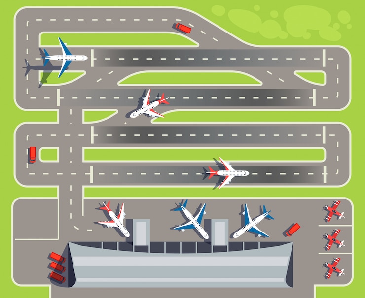 Vector aeropuerto con terminal de pasajeros.