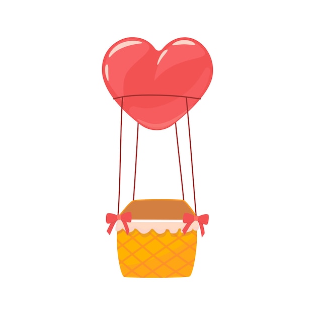 Aerostato de globo aerostático brillante con globo rojo en forma de corazón Ilustración de dibujos animados del día de San Valentín